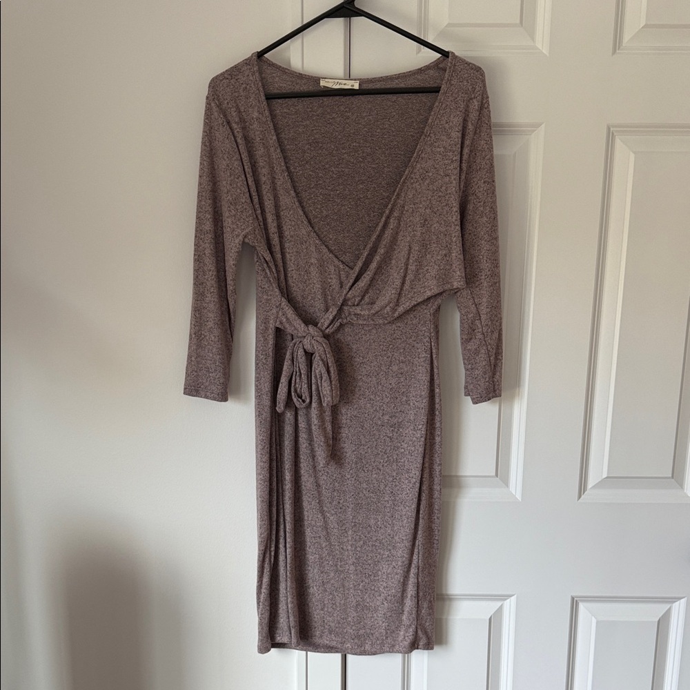 Long Sleeve Taupe/light purple Wrap Dress